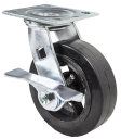 Caster; Swivel; 10" x 3"; Rubber on Cast Iron; Plate (4-1/2"x6-1/4"; holes: 2-7/16"x4-15/16" slots to 3-3/8"x5-1/4"; 1/2" bolt); Zinc; Roller Brng; 1000#; Brake (Item #63851)
