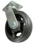 Caster; Swivel; 8" x 3"; Rubber-on-Cast-Iron; Plate (5-1/4"x7-1/4"; holes: 3-3/8"x5-1/4" slots to 4-1/8"x6-1/8"; 1/2" bolt); Roller Brng; 900#; Kingpinless (Item #64922)