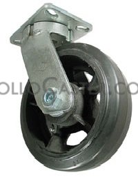 Caster; Swivel; 12\" x 3\"; Rubber on Cast ; Plate (5-1/4\"x7-1/4\"; holes: 3-3/8\"x5-1/4\" slots to 4-1/8\"x6-1/8\"; 1/2\" bolt); Roller Brng; 1200#; Kingpinless; Brake (Item #64223)