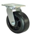 Caster; Swivel; 8" x 2-1/2"; Rubber on Cast Iron; Plate (4-1/2"x6-1/4"; holes: 2-7/16"x4-15/16" slotted to 3-3/8"x5-1/4"; 1/2" bolt); Zinc; Roller Brng; 850# (Item #68029)