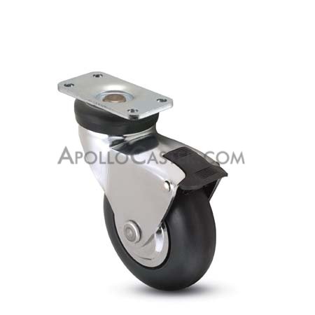 Caster; Std; Swiv; 3\" x 15/16\"; Rubber; Soft; Plate; 1-1/4\"x2-3/8\"; holes: 13/16\"x1-1/4\"; 3/16\" bolt; Chrome; Prec Ball Brng; Hooded; Brake; Thread Guards; 110# (Item #65775)
