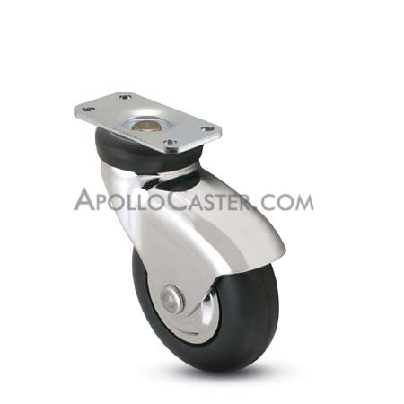 Caster; Swivel; 3\" x 1\"; Rubber (Soft; non-marking); Plate (2-1/2\"x3-5/8\": holes: 1-3/4\"x2-13/16\" (slots to 3-1/16\"); 5/16\" bolt); Chrome; Precision Ball; 175# (Item #66225)