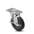 Caster; Swivel; 5" x 1-1/4"; Rubber; Soft; Plate; 2-3/8"x3-5/8"; holes: 1-3/4"x2-7/8" (slots to 3"); 5/16" bolt; Zinc; Nylon Brng; 200#; Wheel brake (Item #67831)