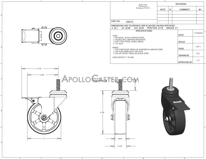 Caster; Swivel; 3\" x 7/8\"; PolyU on Anodized Aluminum; Threaded Stem (5/16\"-18TPI x 1\"); Black; Plain bore; 100#; Pedal Brake; Vintage Style (Item #64072)
