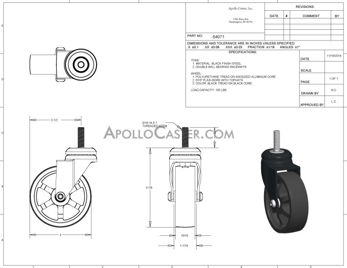Caster; Swivel; 3\" x 7/8\"; PolyU on Anodized Aluminum; Threaded Stem (5/16\"-18TPI x 1\"); Black; Plain bore; 100#; Vintage Style (Item #64071)