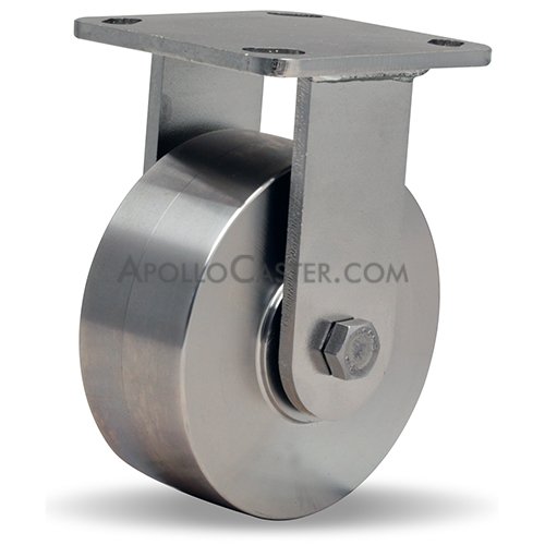 Caster; Rigid; 4\" x 2\"; Stainless Steel Yoke, Solid SS Steel and Prec Ball Bearings; Plate (4\"x4-1/2\"; holes: 2-5/8\"x3-5/8\" slots to 3\"x3\"; 3/8\" bolt); 1250# (Item #63226)