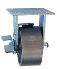 Caster; Swivel; 6" x 2"; Cast Iron; Plate; 4"x4-1/2"; holes: 2-5/8"x3-5/8" (slotted to 3"x3"); 3/8" bolt; Zinc; Roller Brng; 1200#; Top Lock brake (Item #62981)