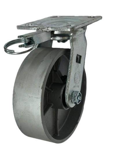 Caster; Swiv; 8 x 2-1/2; Cast Iron; Plate; 4-1/2x6-1/4; holes: 2-7/16x4-15/16 (slotted to 3-3/8x5-1/4); 1/2 bolt; Roller Brng; Wgt Cap: 1800#; Position Lock (Item #65904)