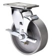Caster; Swivel; 8" x 2"; Cast Iron; Plate; 4"x4-1/2"; holes: 2-5/8"x3-5/8 (slots to 3x3); 3/8 bolt; Roller Brng; Wgt Cap: 900#; Brake; High Heat (Item #65639)