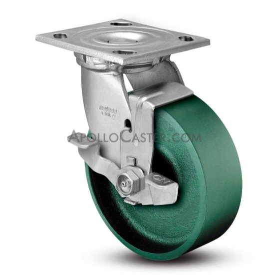 Caster; Swivel; 6\" x 2\"; Cast Iron; Plate (4\"x4-1/2\"; holes: 2-5/8\"x3-5/8\" slots to 3\"x3\"; 3/8\" bolt); Zinc; Roller Brng; 1200#; Brake; Warranty; Made in USA (Item #63460)