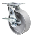 Caster; Swivel; 8" x 2"; Cast Iron; Top Plate (5"x5-1/2"; holes: 4-1/8"x4-1/2"; 3/8" bolt); Zinc; Roller Brng; 1200#; A-Cam Brake (Item #65786)