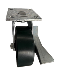 Caster; Swivel; 6" x 2"; Cast Iron; Plate (4"x4-1/2"; holes: 2-5/8"x3-5/8" slots to 3"x3"; 3/8" bolt); Zinc; Roller Brng; 1200#; Cam Style Brake (Item #62698)