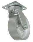 Caster; Swivel; 5" x 2"; Cast Iron; Plate (4"x4-1/2"; holes: 2-5/8"x3-5/8" slots to 3"x3"; 3/8" bolt); Zinc; Roller Brng; 1000#; Kingpinless (Item #64048)