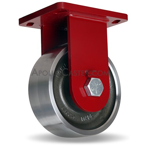 Caster; Rigid; 8\" x 3\"; Steel (Forged); Plate; 6-1/2\"x7-1/2\": holes: 5-1/8\"x5-3/4\" (slots to 3-7/8\"x6-1/4\"); 1/2\" bolt; Painted; Prec Tapered Brng; 10000# (Item #63708)