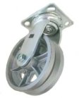 Caster; Swivel; 3" x 1-1/4"; V-Groove (7/8) Cast Iron; Plate (2-3/8"x3-5/8"; holes: 1-3/4"x2-7/8" slotted to 3"; 5/16" bolt); Zinc; Plain bore; 300# (Item #65529)
