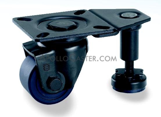 Caster; Swiv; 2\"x1-5/16\"; Nylon; Plate; 3-1/4x3-1/4;holes: 2-3/16x2-3/16 (slots to 2-9/16x2-9/16); 3/8 bolt; Black; Ball Brng; 700#; With Leveler/ Stabilizer (Item #66599)