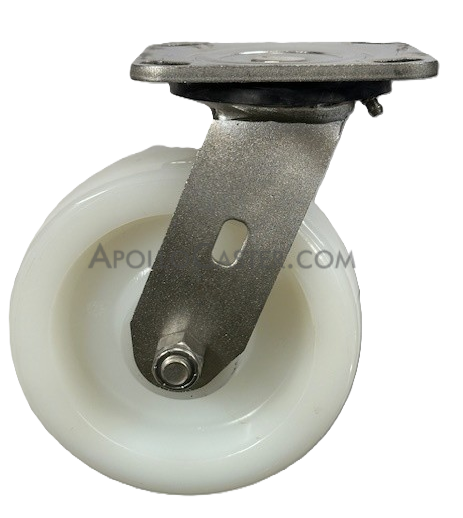 Caster; Swivel; 5\" x 1-1/4\"; Nylon; Plate; 2-3/8\"x3-5/8\": holes: 1-3/4\"x2-7/8\" (slots to 3\"); 3/8\" bolt; Stainless; 350#; Dust Cover; Raceway Zerk; Total Lock (Item #62889)