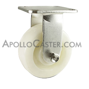 Caster; Rigid; 5\" x 1-1/4\"; Nylon; Plate; 2-3/8\"x3-5/8\": holes: 1-3/4\"x2-7/8\" (slots to 3\"); 3/8\" bolt; Stainless; Plain bore; 350# (Item #62890)