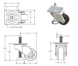 (image for) Caster; Swivel; 75mm x 35mm; HD Nylon Wheel; Plate (90mm x 90mm; holes 70mm x 70mm); 1760#; 5/8"-11 Thread leveling foot (Hand or wrench); (Item #62712)