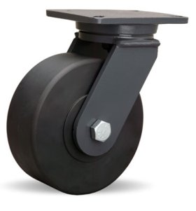(image for) Caster; Swivel; 8" x 2"; HD Nylon; Slight Crown; Plate (4"x4-1/2"; holes: 2-5/8"x3-5/8" slots to 3"x3"; 3/8" bolt); Zinc; Roller Brngs; 1250#; Warranty (Item #63024)