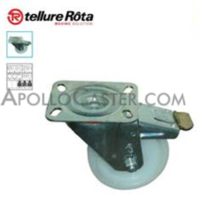 Caster; Swivel; 4\" x 1-1/4\"; Nylon; Plate (85mm x 100mm: holes: 60mmx80mm; 9mm bolt); Galvanized Steel; Plain bore; 350#; Total Lock (Trailing) (Item #63870)