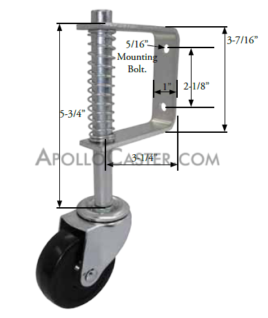 Caster; Swivel; 3\" x 1-1/4\"; Polyolefin; Gate Bracket (1\"x3-7/16\"; Holes 2-1/8\" apart); Plain bore; 250#; Dustcap; 30# to full spring deflection. (Item #65367)