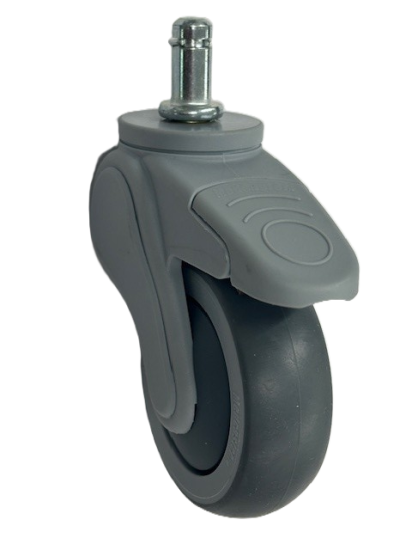 Caster; Swivel; 3\" x 1\"; Thermoplastized Rubber (Gray); Grip Ring (7/16\" x 7/8\"); Nylon (Gray); Prec Ball Brng; 140#; Thread guards; Pedal Wheel Brake (Item #64292)