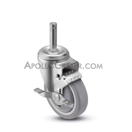 Caster; Swivel; 5\" x 1-1/4\"; Thermoplastized Rubber (Gray); Grip Ring (7/16\"x1-3/8\"); Zinc; Plain bore; 300#; Tread brake (Item #66528)