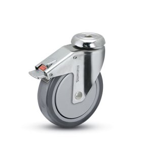 (image for) Caster; Swivel; 5" x 1-1/4"; Thermoplastized Rubber (Gray); Hollow Kingpin (1/2" bolt hole); Stainless; Prec Ball Brngs; 300#; Thread guards; Total Lock (Item #62939)