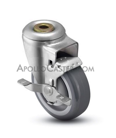 Caster; Swivel; 4\" x 1-1/4\"; Thermoplastized Rubber (Gray); Hollow Kingpin (1/2\" bolt hole); Zinc; Prec Ball Brngs; 260#; Dust Cover (Mtl); Thread guards; Brake (Item #63246)