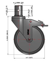 Caster; Swivel; 5" x 1-1/4"; TPR Rubber (Gray); Round Stem; 32mmx45mm (8mm hole 1" up); Chrome; Precision Ball Brng; 260#; Total Lock; Thread guards (Item #62770)