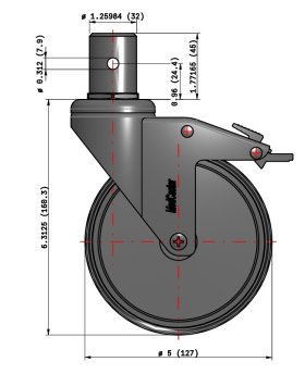 (image for) Caster; Swivel; 5" x 1-1/4"; TPR Rubber (Gray); Round Stem; 32mmx45mm (8mm hole 1" up); Chrome; Precision Ball Brng; 260#; Total Lock; Thread guards (Item #62770)