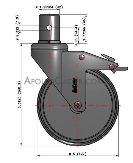 Caster; Swivel; 5\" x 1-1/4\"; TPR Rubber (Gray); Round Stem; 32mmx45mm (8mm hole 1\" up); Chrome; Precision Ball Brng; 260#; Total Lock; Thread guards (Item #62770)