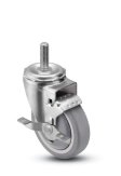 Caster; Swivel; 3-1/2" x 1-1/4"; Thermoplastized Rubber (Gray); Threaded Stem (1/2"-13TPI x 1-1/2"); Ball Bearing (Single); 230#; Thread guards; Brake; Dust Cvr (Item #65814)