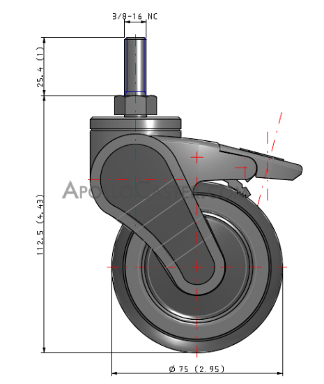 Caster; Swivel; 3\" x 1\"; Thermoplastized Rubber (Gray); Threaded Stem (3/8\"-16TPI x 1\"); Plastic/ Nylon; Prec Ball Brng (Single); 175#; Pedal Brake (Item #63908)