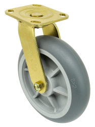 Bellman Cart Caster; Swivel; 8" x 2"; Gray Donut TPR; Plate; 4"x4-1/2"; holes: 2-5/8x3-5/8 (slots to 3x3); 3/8 bolt; Brass Plated; Ball Bearings; 550# (Item #62684)