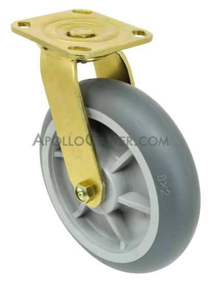 Bellman Cart Caster; Swivel; 8\" x 2\"; Gray Donut TPR; Plate; 4\"x4-1/2\"; holes: 2-5/8x3-5/8 (slots to 3x3); 3/8 bolt; Brass Plated; Ball Bearings; 550# (Item #62684)