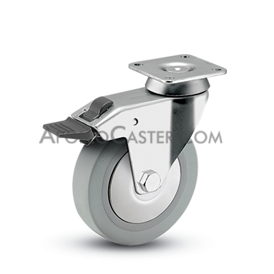 Caster; Swivel; 3\" x 7/8\"; TPR Rubber; Plate (2-3/8\" Square: holes: 1-1/2\"x1-1/2\" (slots to 1-7/8\"x1-7/8\"); 1/4\" bolt); Chrome; Ball Brng; 140#; Total Lock (Item #63697)