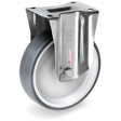 Caster; Rigid; 3-1/2" x 1-1/4"; Thermoplastized Rubber (Gray); Plate (2-1/2"x3-5/8"; holes: 1-3/4"x2-7/8" slots to 3"; 5/16" bolt); Stainless; 300# (Item #64383)
