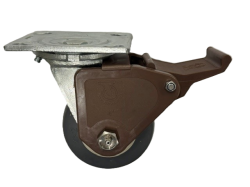 Caster; Swivel; 6" x 2"; Black TPR Rubber; Plate (4"x4-1/2"; holes: 2-5/8"x3-5/8" slots to 3"x3"; 3/8" bolt); Stainless Yoke and Prec BB; 500#; Pedal Wheel Brk (Item #62646)