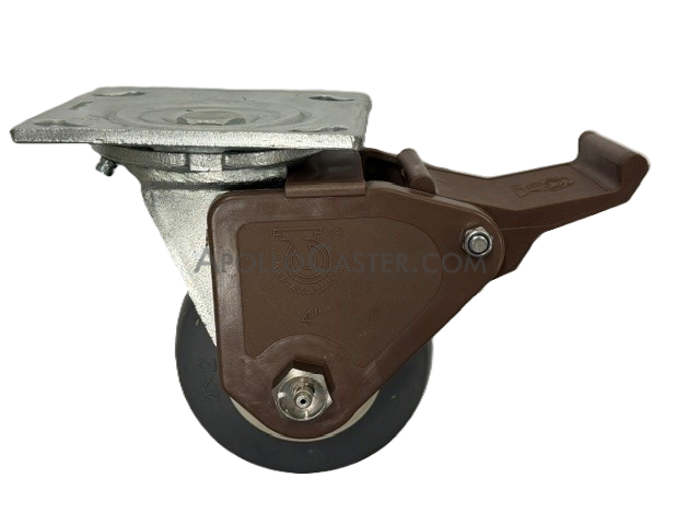 Caster; Swivel; 6\" x 2\"; Black TPR Rubber; Plate (4\"x4-1/2\"; holes: 2-5/8\"x3-5/8\" slots to 3\"x3\"; 3/8\" bolt); Stainless Yoke and Prec BB; 500#; Pedal Wheel Brk (Item #62646)