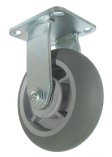 Caster; Rigid; 4" x 2"; ThermoPlastic Rubber Donut; Plate (4"x4-1/2"; holes: 2-5/8"x3-5/8" slots to 3"x3"; 3/8" bolt); Stainless Yoke and Roller Brng; 300# (Item #63486)