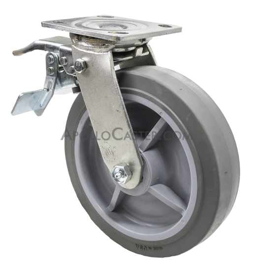 (image for) Caster; Swivel; 8\" x 2\"; TPR Rubber (Gray); Plate (4\"x4-1/2\"; holes: 2-5/8\"x3-5/8\" slots to 3\"x3\"; 3/8\" bolt); Roller Brng; 600#; Total Lock (Leading) (Item #66009)