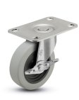 Caster; Swivel; 3" x 13/16"; Thermoplastized Rubber (Gray); Plate (1-3/16" x 2"; holes: 13/16" x 1-9/16"; 3/16" bolt); Zinc; Plain bore; 110#; Side friction bra (Item #66738)