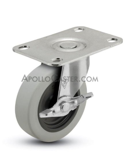 Caster; Swivel; 2\" x 13/16\"; Thermoplastized Rubber (Gray); Plate (1-1/2\"x2-5/8\"; holes: 15/16\"x2-1/8\"; 1/4\" bolt); Zinc; Plain bore; 80#; Brake (Item #63824)