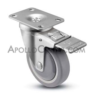 Caster; Swivel; 3\" x 1-1/4\"; TPR Rubber (Gray); Plate (2-5/8\"x3-3/4\"; holes: 1-3/4\"x2-3/4\" slotted to 3\"; 5/16\" bolt); Zinc; Prec Ball Brng; 280#; Total Lock (Item #64777)