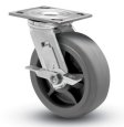 Caster; Swivel; 6" x 2"; Thermoplastized Rubber (Gray); Plate; 4"x4-1/2"; holes: 2-5/8"x3-5/8" (slotted to 3"x3"); 3/8" bolt; Zinc; Roller Brng; 550#; Brake (Item #67655)