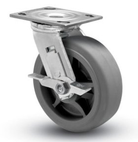 (image for) Caster; Swivel; 5" x 2"; Thermoplastized Rubber (Gray); Plate (4"x4-1/2"; holes: 2-5/8"x3-5/8" slots to 3"x3"; 3/8" bolt); Zinc; Roller Brng; 400#; Tread brake (Item #68016)