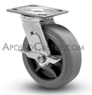 Caster; Swivel; 4\" x 2\"; Thermoplastized Rubber (Gray); Plate; 4x4-1/2; holes: 2-5/8x3-5/8 (slotted to 3x3); 3/8 bolt; Roller Brng; 400#; Top Lock Brake (Item #67594)