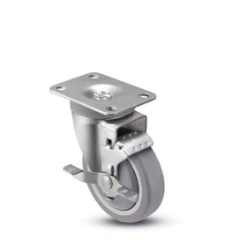 (image for) Caster; Swivel; 5"x1-1/4"; Thermoplastized Rubber (Gray); Plate; 2-5/8"x3-3/4"; holes:1-3/4"x2-3/4" (slotted to 3"); 5/16" bolt; Prec BB; Thrd Grds; Brake; 325# (Item #67823)